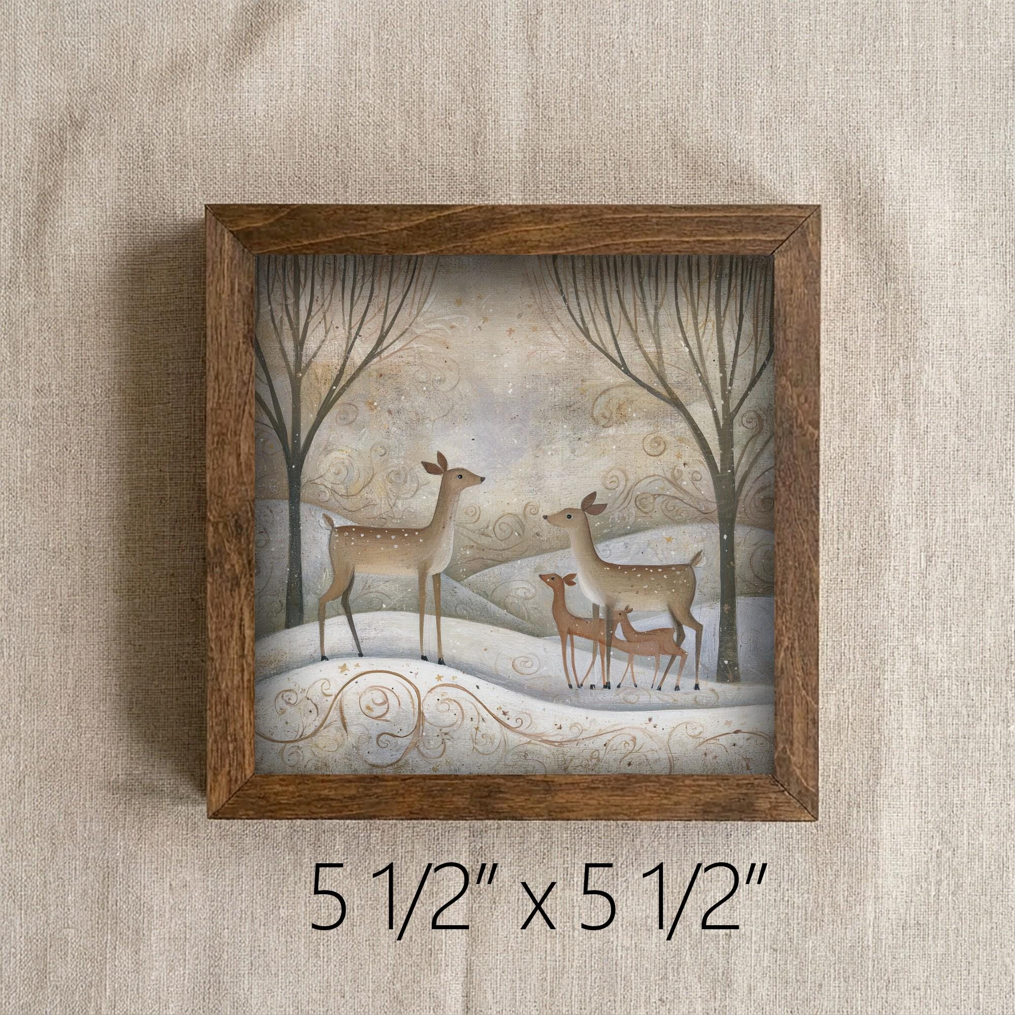 Framed Deer Family Art Print | Rustic Winter Farmhouse Decor