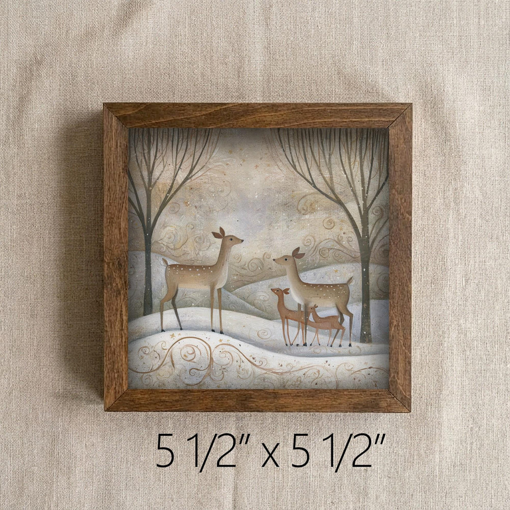 Framed Deer Family Art Print | Rustic Winter Farmhouse Decor