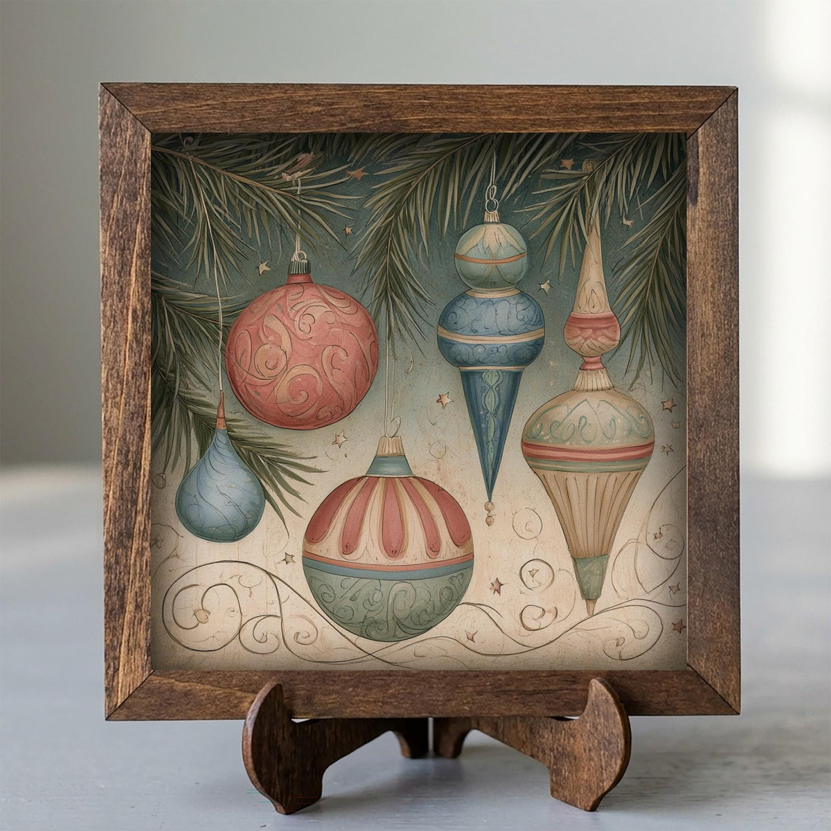Framed Vintage Ornaments Art Print | Rustic Christmas Shelf Decor