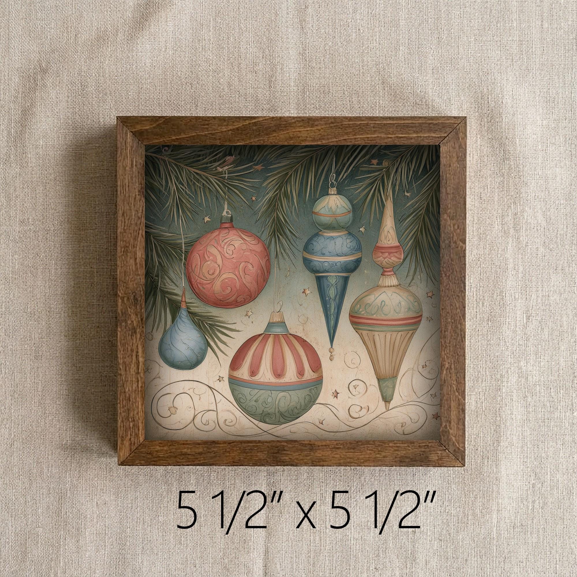 Framed Vintage Ornaments Art Print | Rustic Christmas Shelf Decor