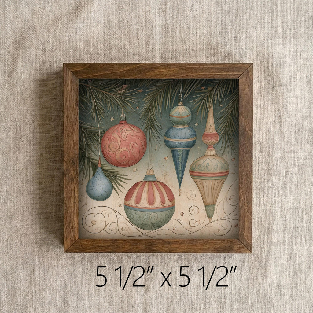 Framed Vintage Ornaments Art Print | Rustic Christmas Shelf Decor