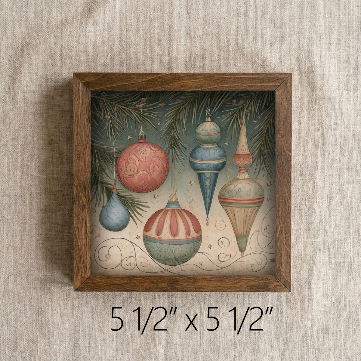 Framed Vintage Ornaments Art Print | Rustic Christmas Shelf Decor