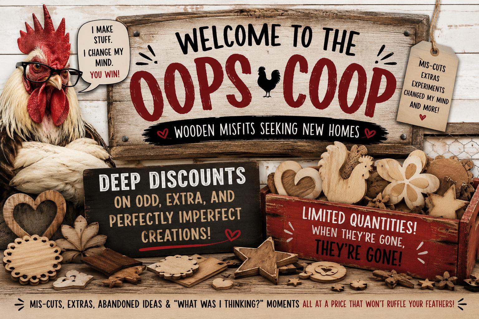 OOPS Coop Cleanout | Discounted Wood Crafts, Miscuts, Extras & One-Off Laser Creations - TheGrumpyRooster