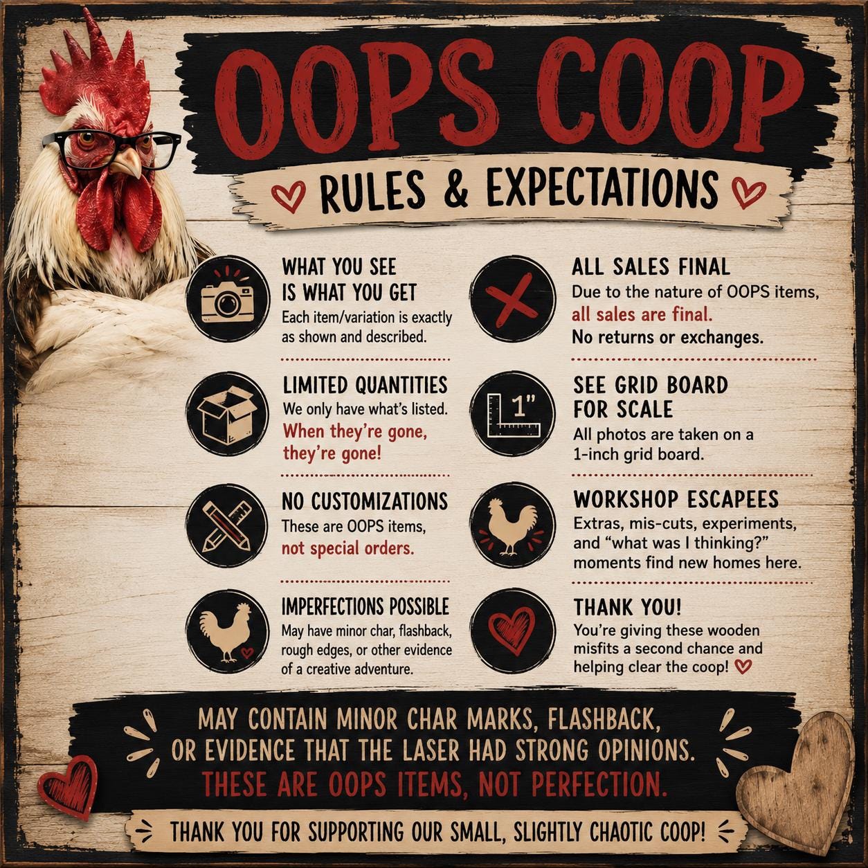 OOPS Coop Cleanout | Discounted Wood Crafts, Miscuts, Extras & One-Off Laser Creations - TheGrumpyRooster