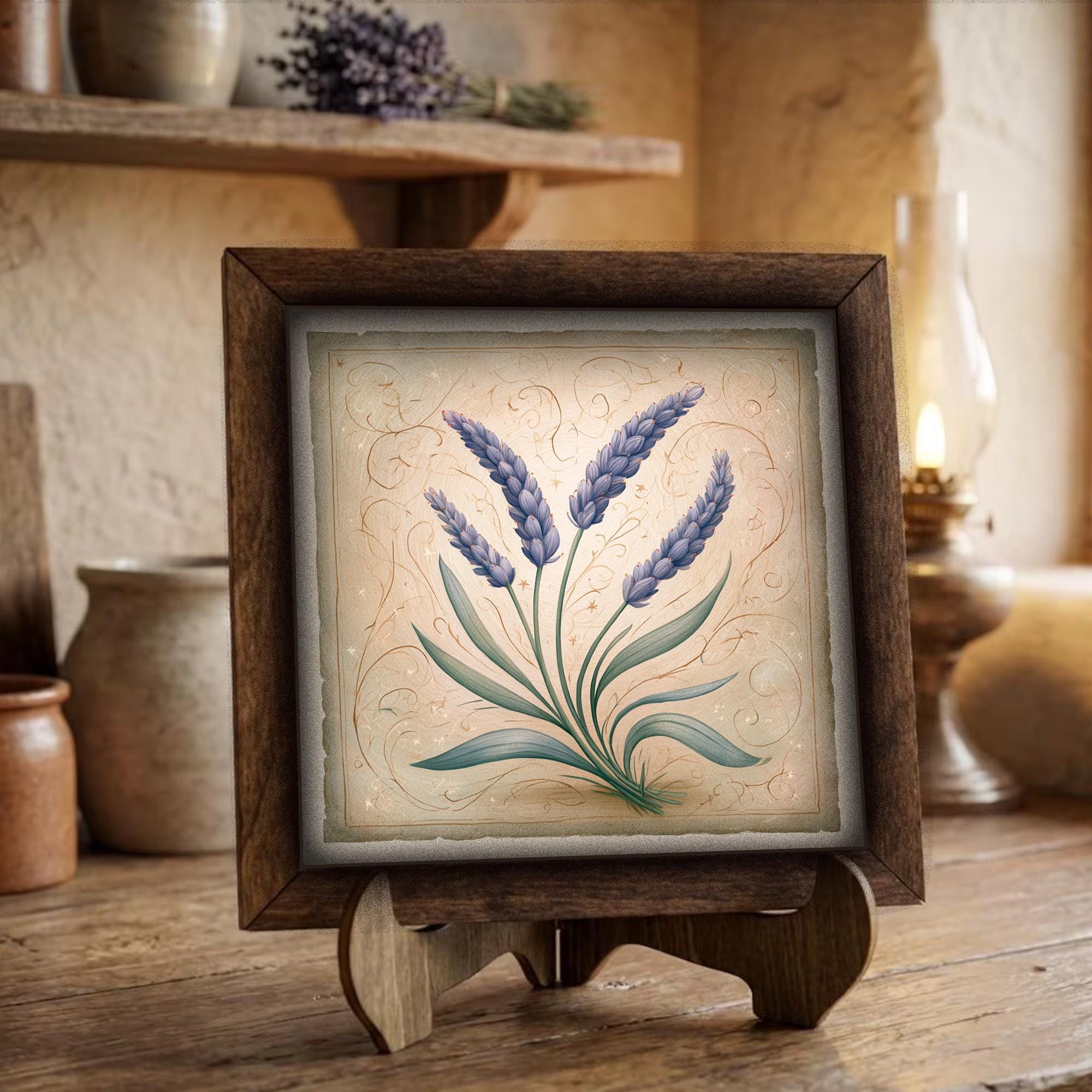 Framed Lavender Art Print | Rustic Farmhouse Shelf Decor (Easel Included)