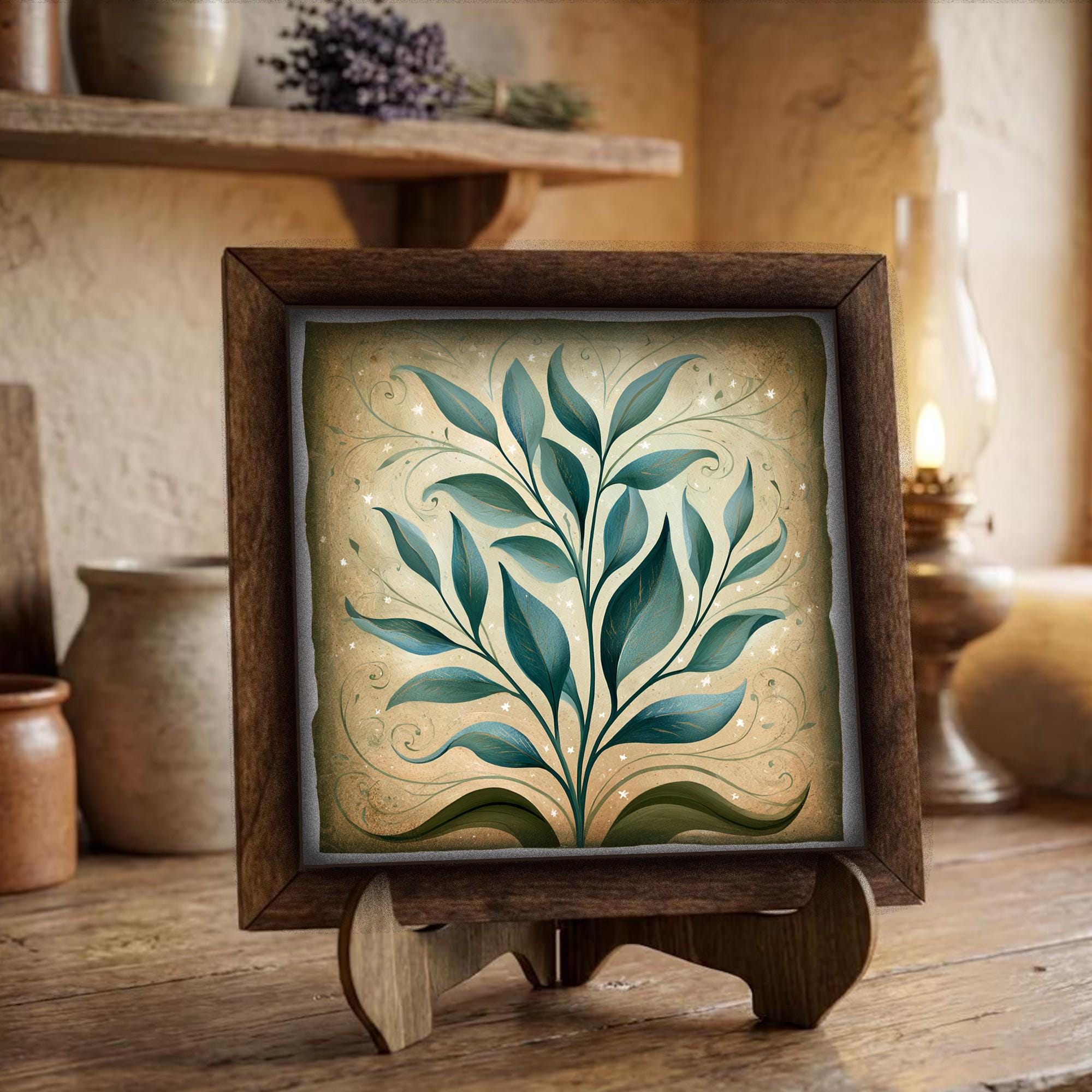 Framed Teal Botanical Art Print | Rustic Farmhouse Shelf Decor