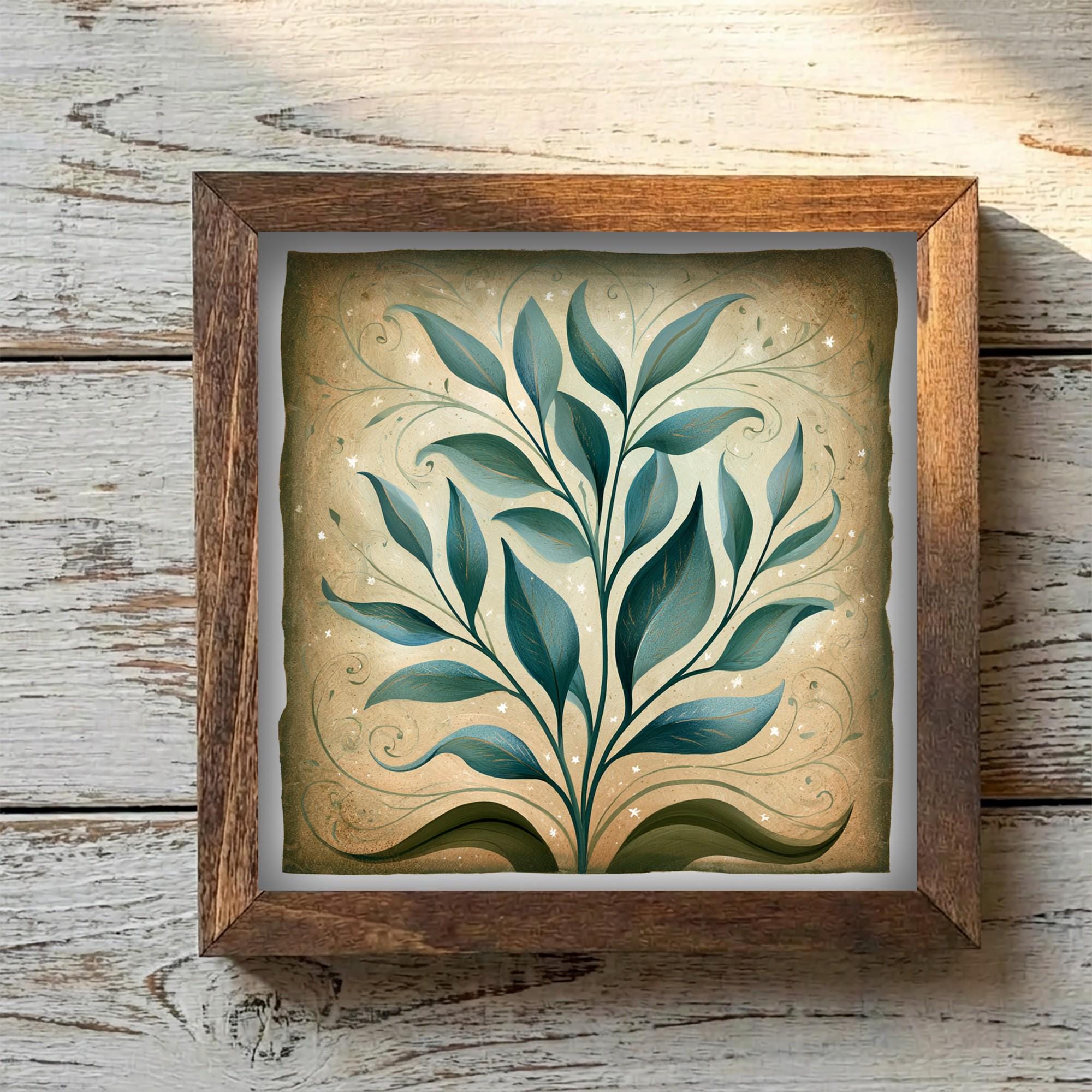 Framed Teal Botanical Art Print | Rustic Farmhouse Shelf Decor
