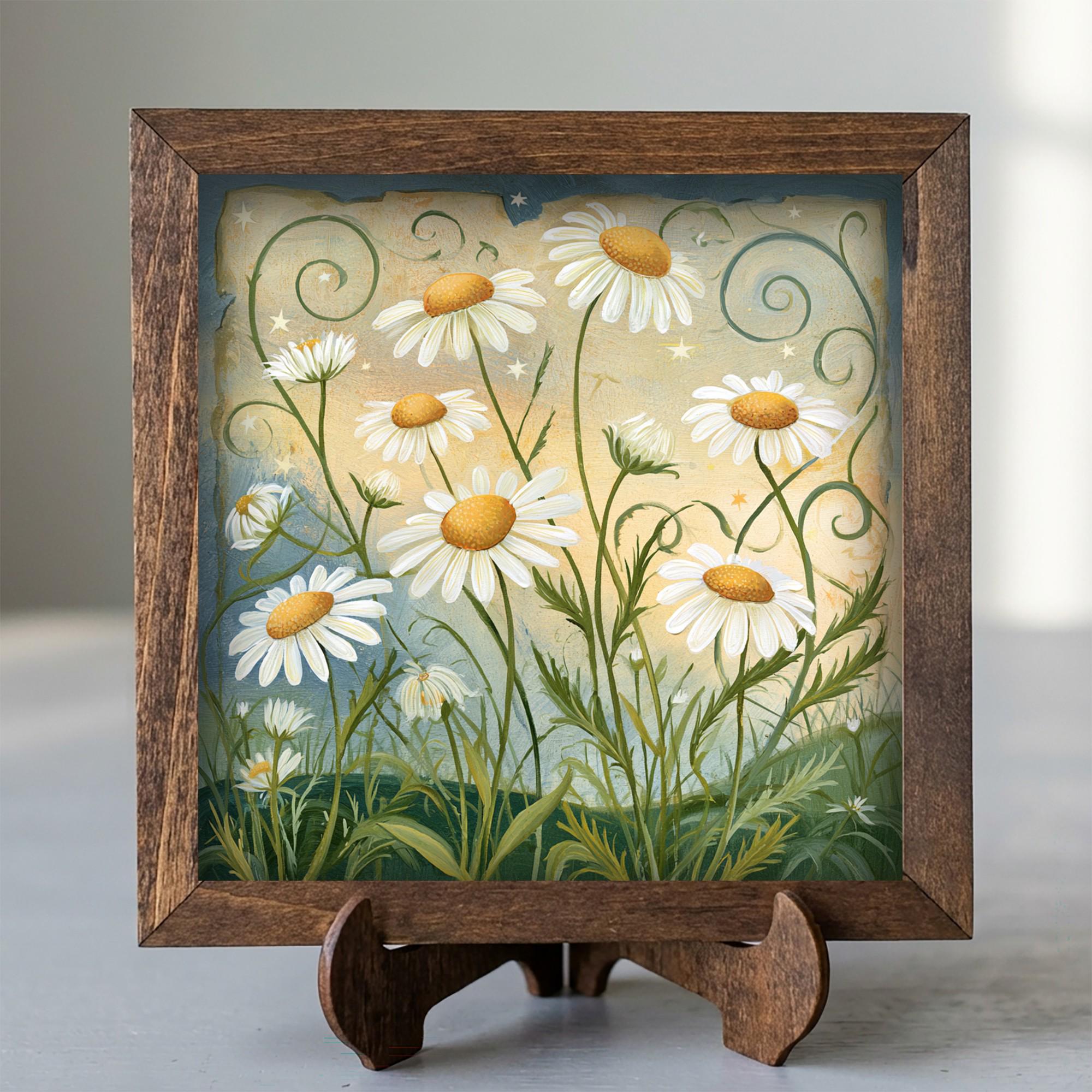 Framed Daisy Art Print | Rustic Farmhouse Shelf Decor (Easel Included)