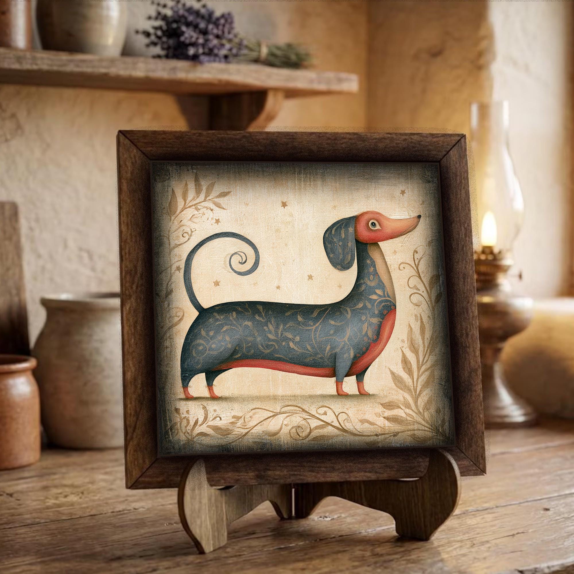 Framed Dachshund Art Print | Rustic Farmhouse Dog Decor (Easel Included)