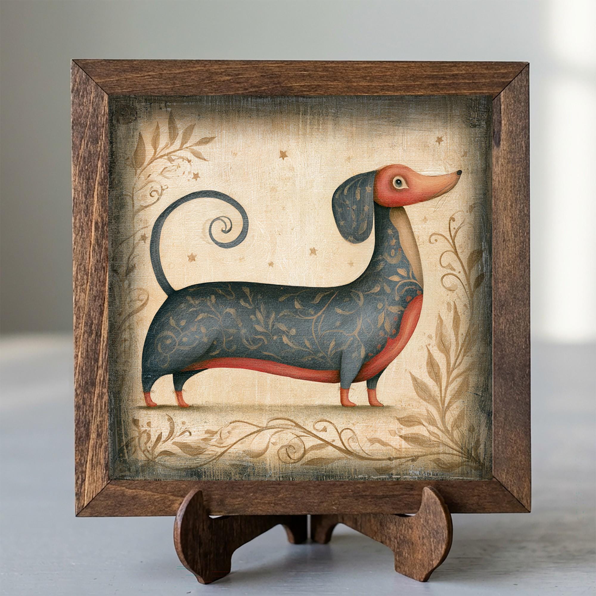 Framed Dachshund Art Print | Rustic Farmhouse Dog Decor (Easel Included)
