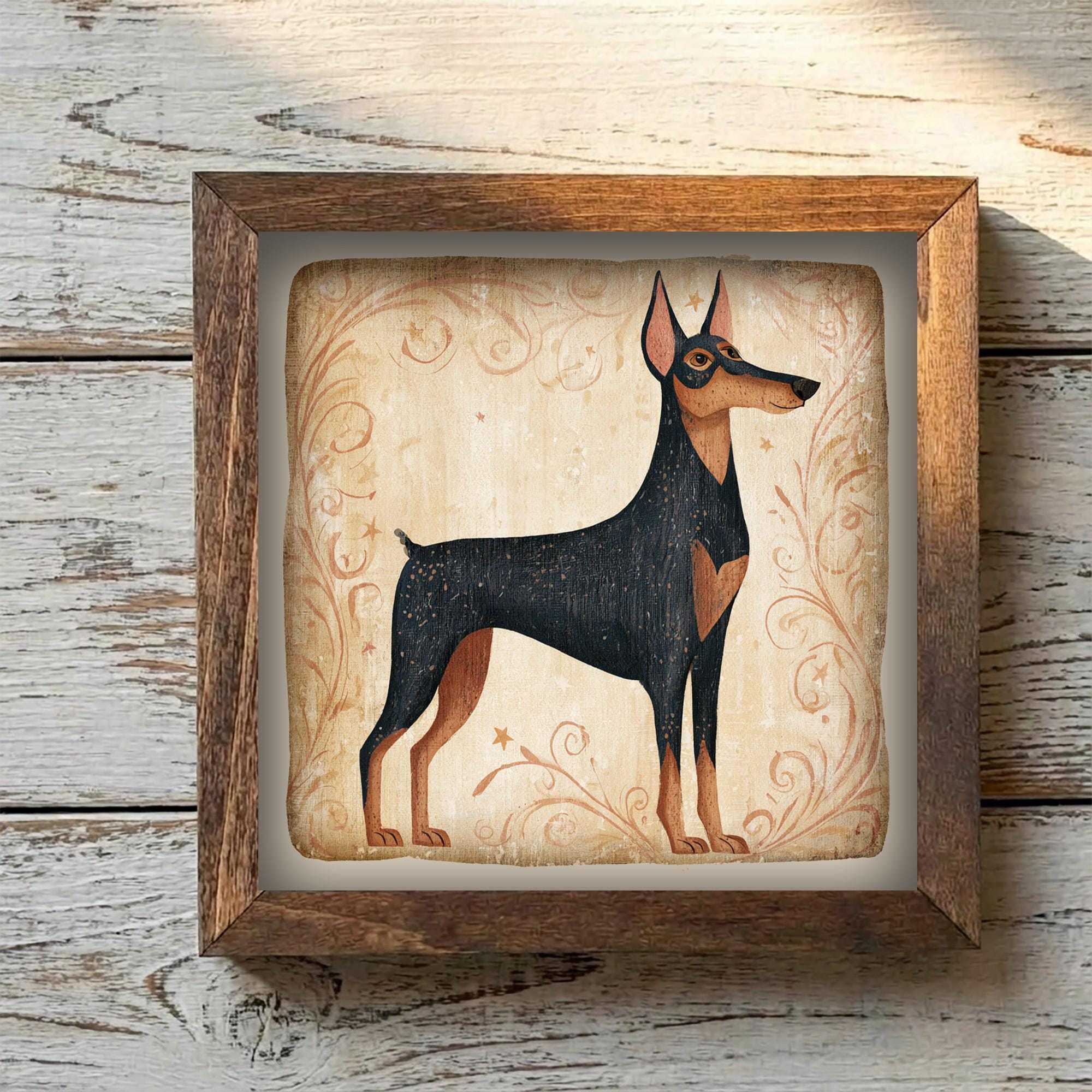 Framed Doberman Art Print | Rustic Farmhouse Dog Decor (Easel Included)