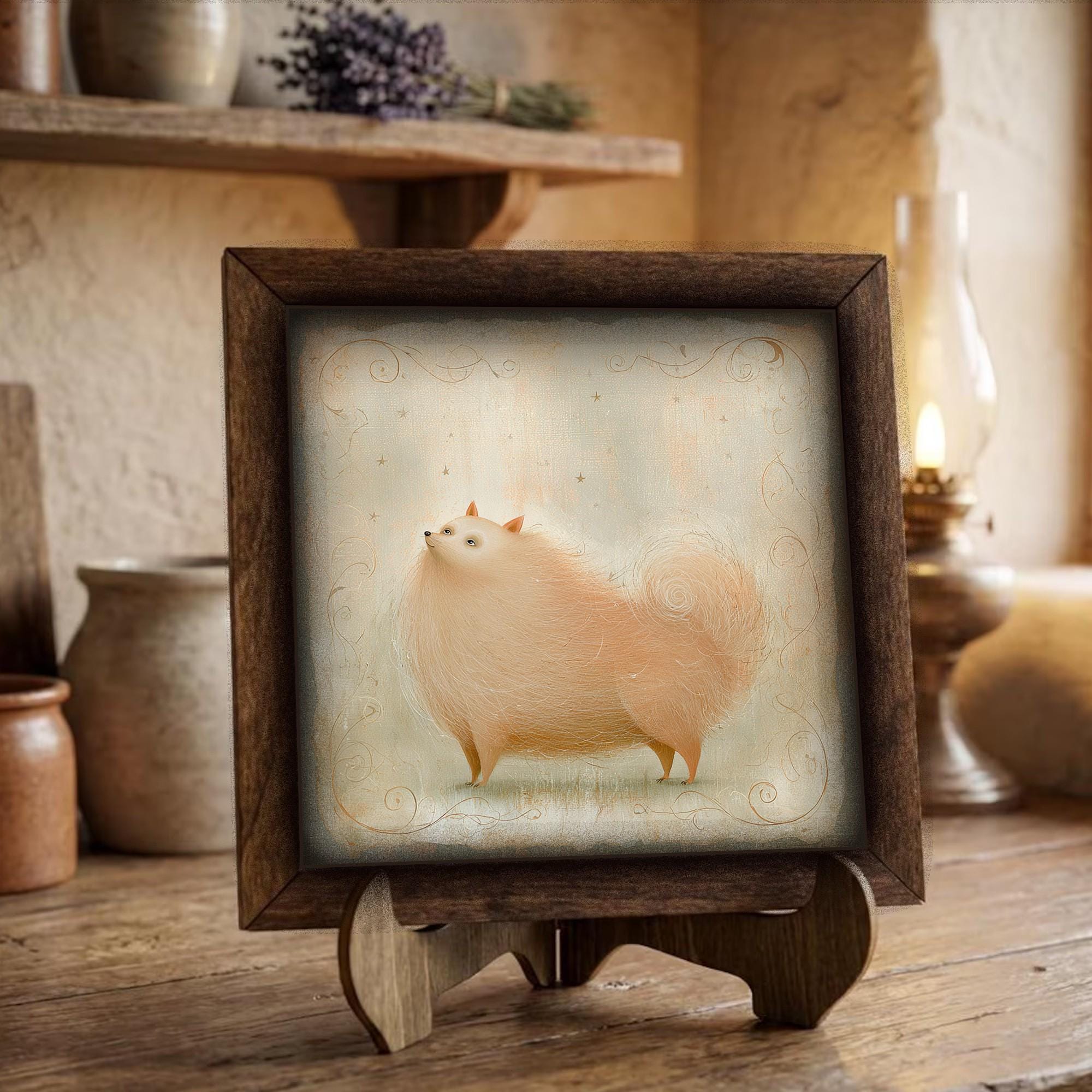 Framed Pomeranian Art Print | Rustic Farmhouse Dog Decor (Easel Included)