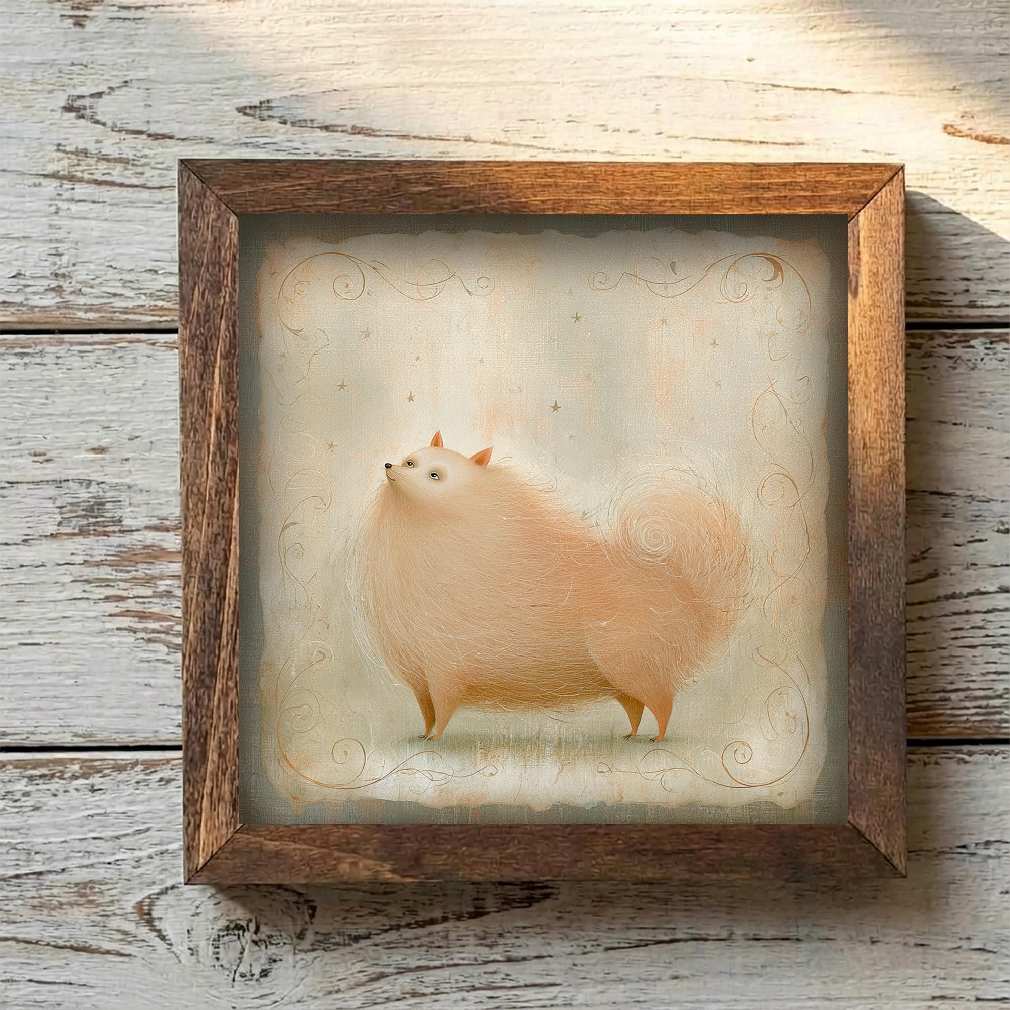 Framed Pomeranian Art Print | Rustic Farmhouse Dog Decor (Easel Included)