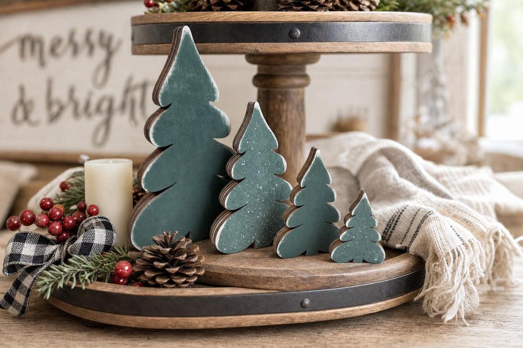 Wooden Christmas Trees Tiered Tray Decor | Set of 4 | Farmhouse Holiday Shelf Sitter | Dark Green | Graduated Sizes | Handmade Wood Decor - TheGrumpyRooster