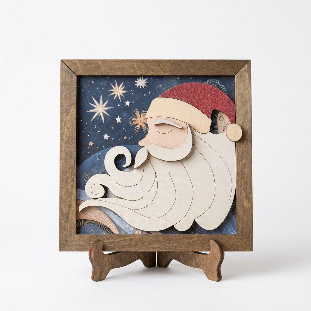 Framed Santa Layered Wood Art | Rustic Farmhouse Christmas Decor (Easel Included) | Tiered Tray Decor