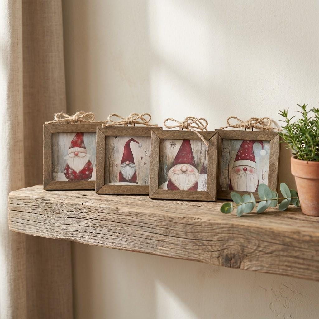 Rustic Framed Gnome Christmas Ornaments (Set of 4) | Rustic Farmhouse Holiday Decor (Set of 4)