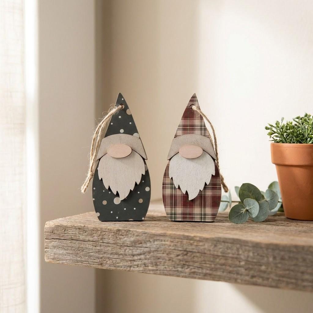 Pair of Reversible Gnome Holiday Ornaments | Rustic Farmhouse Christmas Decor | Christmas Tree Ornaments