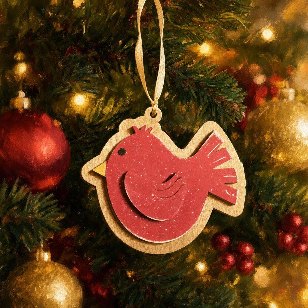 Wooden Cardinal Christmas Ornament | Laser Cut Double Sided Bird Ornament | Handmade | Single Set of 3 10 25 | Bulk - TheGrumpyRooster