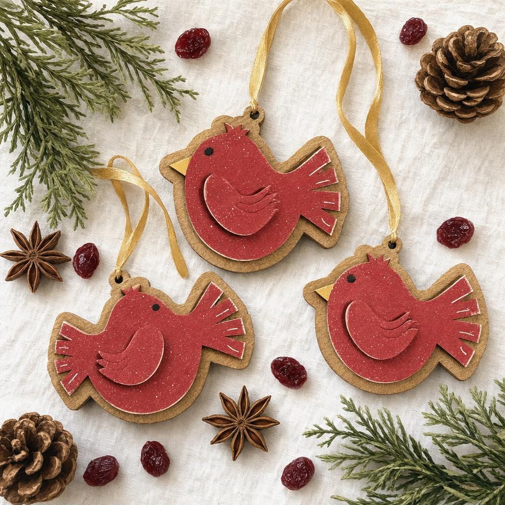 Wooden Cardinal Christmas Ornament | Laser Cut Double Sided Bird Ornament | Handmade | Single Set of 3 10 25 | Bulk - TheGrumpyRooster