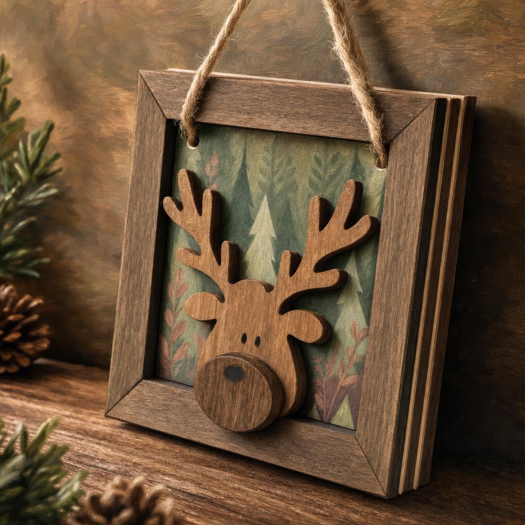 Wooden Reindeer Ornament | Framed Layered Wood Christmas Ornament | Rustic Farmhouse Holiday Decor | Dark Walnut | Handmade Laser Cut - TheGrumpyRooster