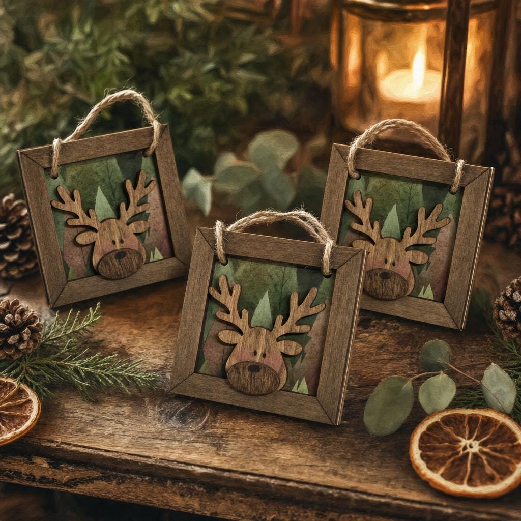 Wooden Reindeer Ornament | Framed Layered Wood Christmas Ornament | Rustic Farmhouse Holiday Decor | Dark Walnut | Handmade Laser Cut - TheGrumpyRooster