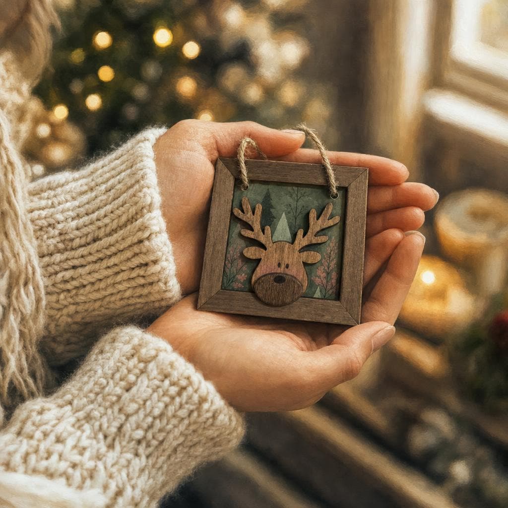 Wooden Reindeer Ornament | Framed Layered Wood Christmas Ornament | Rustic Farmhouse Holiday Decor | Dark Walnut | Handmade Laser Cut - TheGrumpyRooster