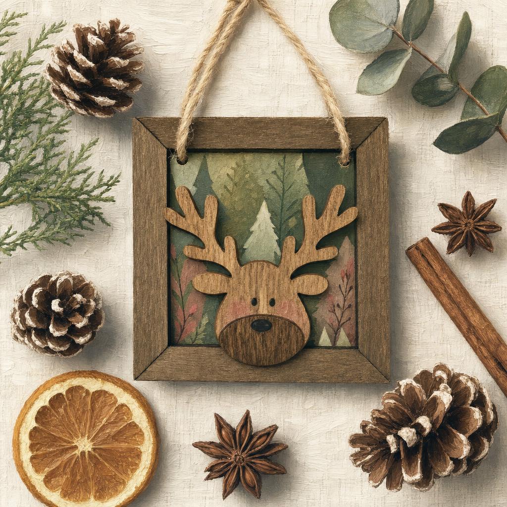 Wooden Reindeer Ornament | Framed Layered Wood Christmas Ornament | Rustic Farmhouse Holiday Decor | Dark Walnut | Handmade Laser Cut - TheGrumpyRooster