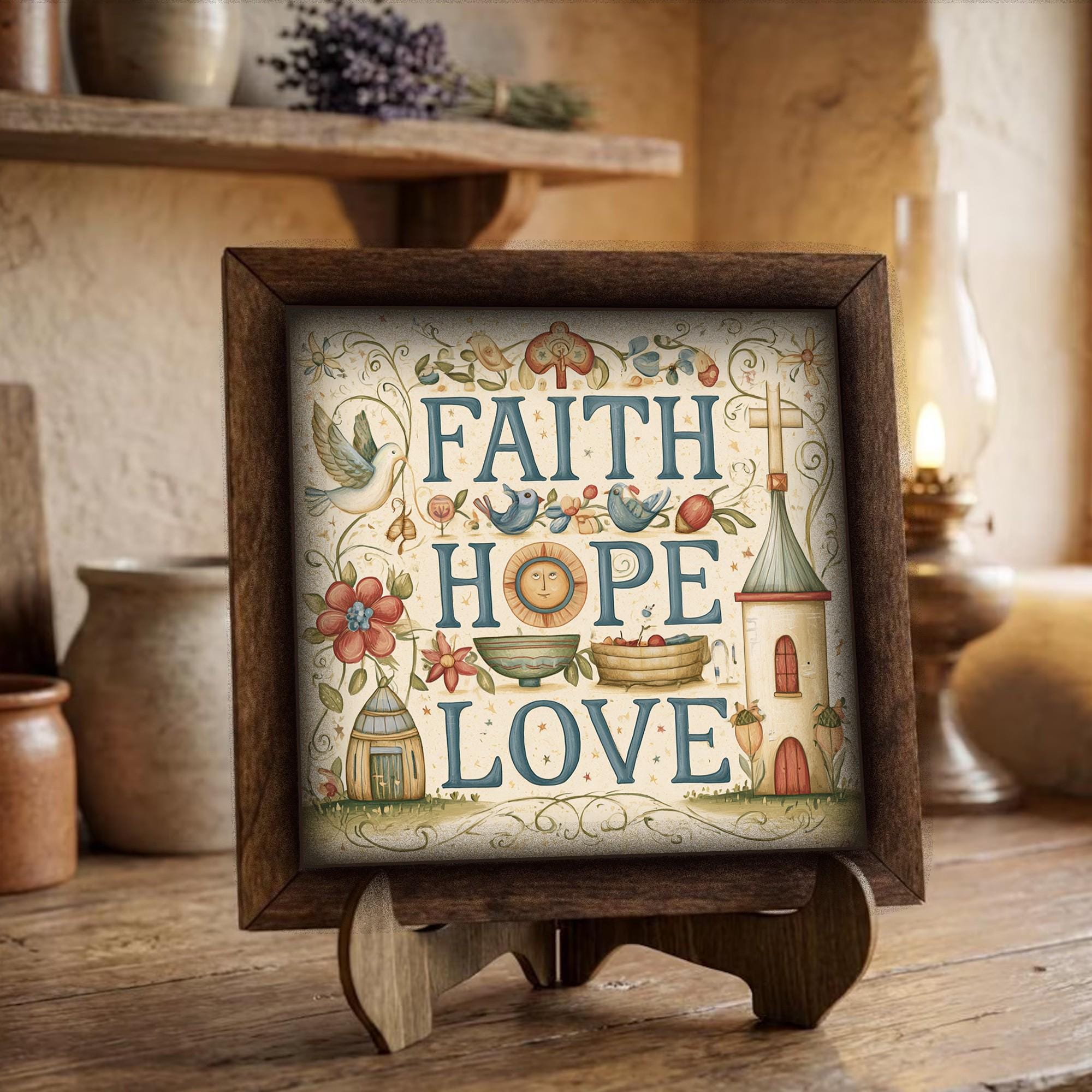 Framed Faith Hope Love Art Print | Rustic Farmhouse Tiered Tray Decor