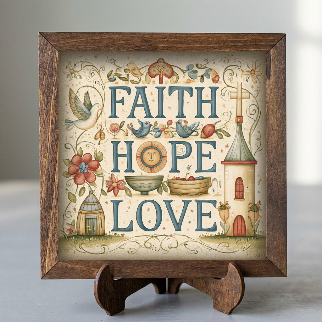 Framed Faith Hope Love Art Print | Rustic Farmhouse Tiered Tray Decor