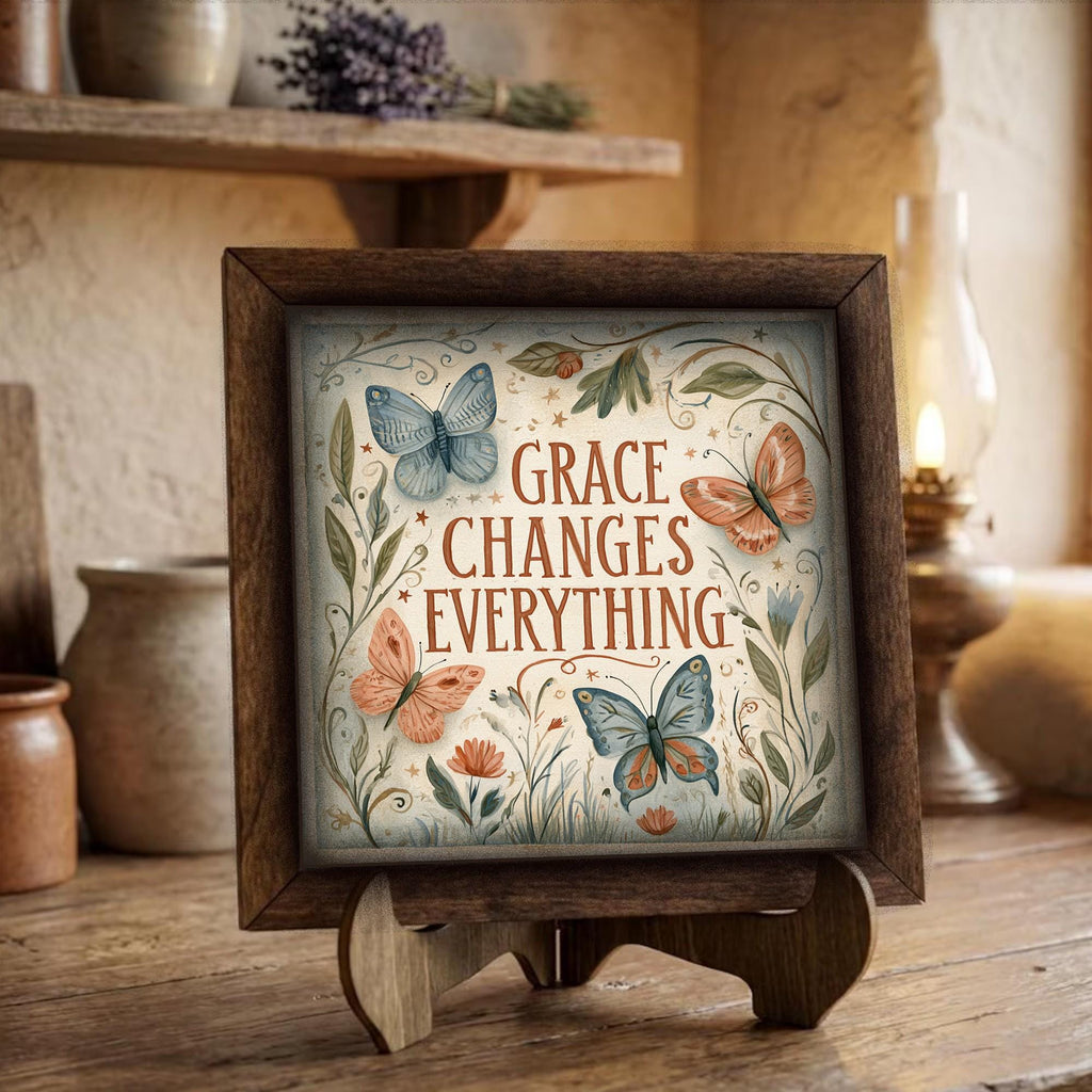 Framed Grace Changes Everything Print | Faith Butterfly Tiered Tray Decor