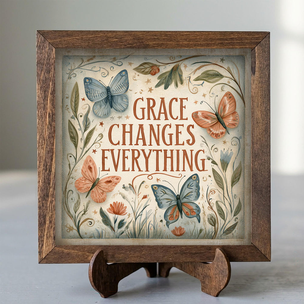 Framed Grace Changes Everything Print | Faith Butterfly Tiered Tray Decor