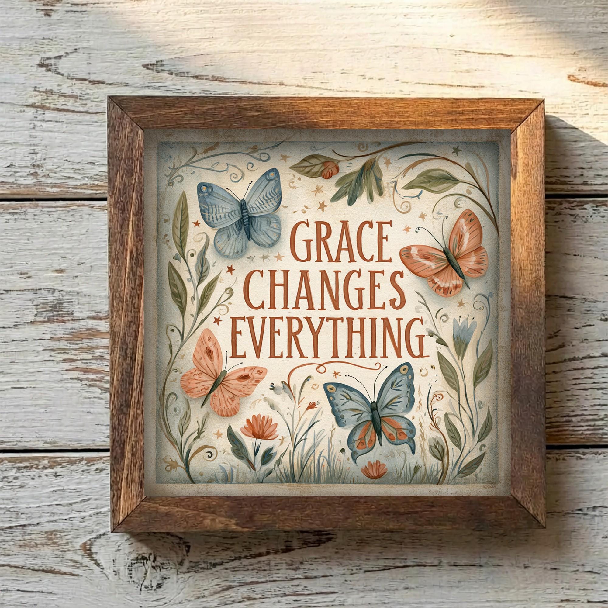 Framed Grace Changes Everything Print | Faith Butterfly Tiered Tray Decor