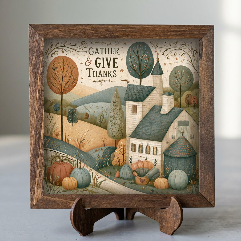Framed Gather and Give Thanks Art Print | Rustic Farmhouse Tiered Tray Decor