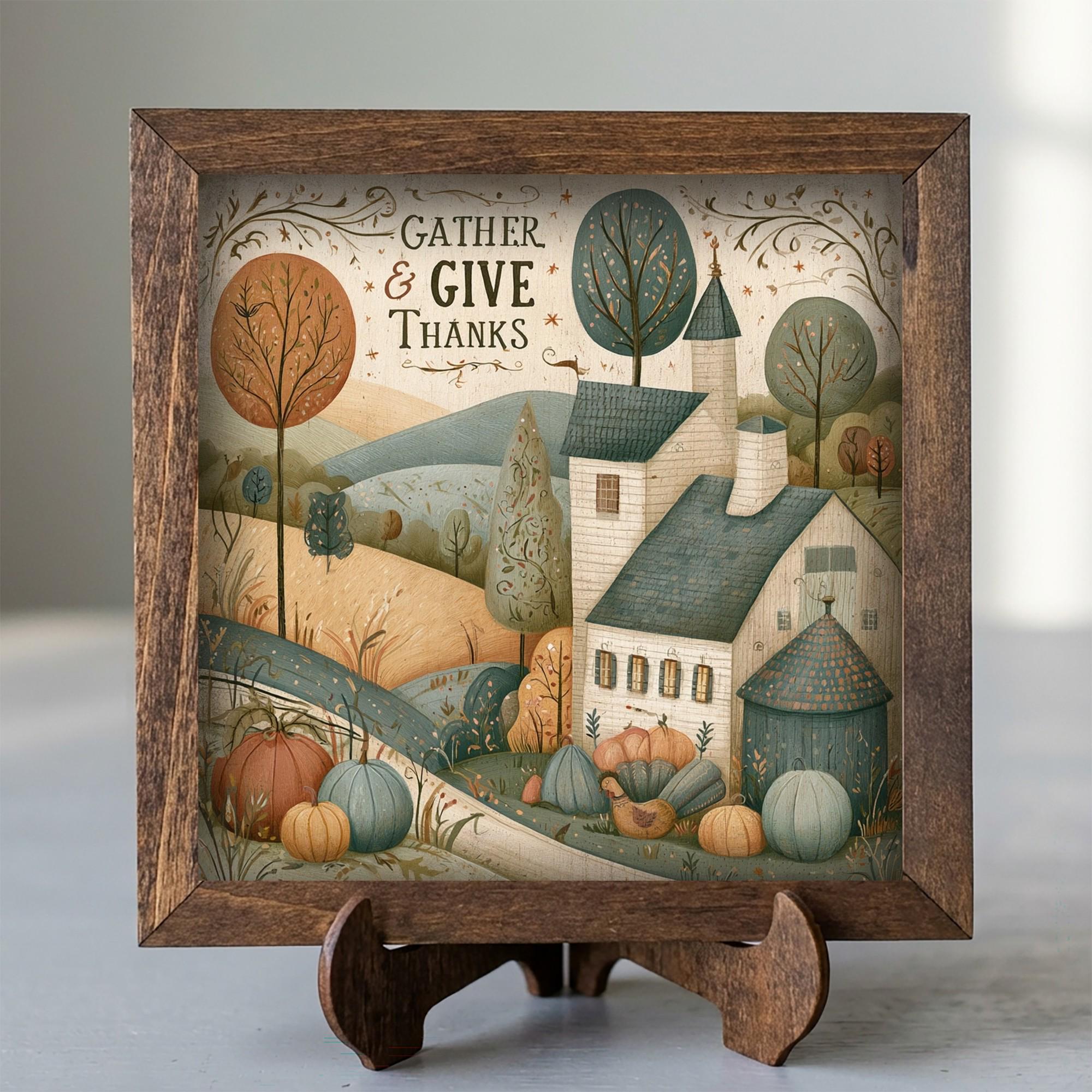 Framed Gather and Give Thanks Art Print | Rustic Farmhouse Tiered Tray Decor