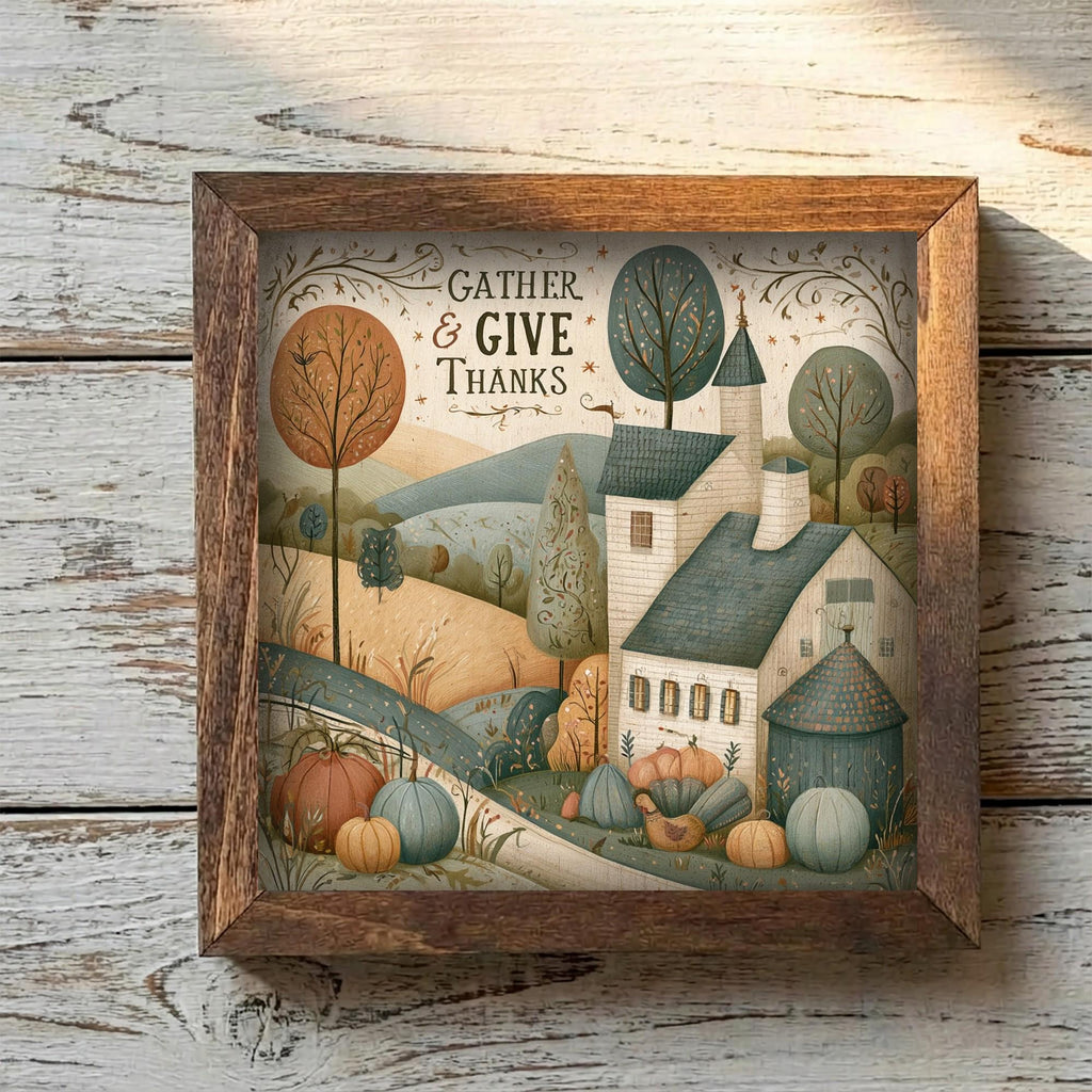 Framed Gather and Give Thanks Art Print | Rustic Farmhouse Tiered Tray Decor