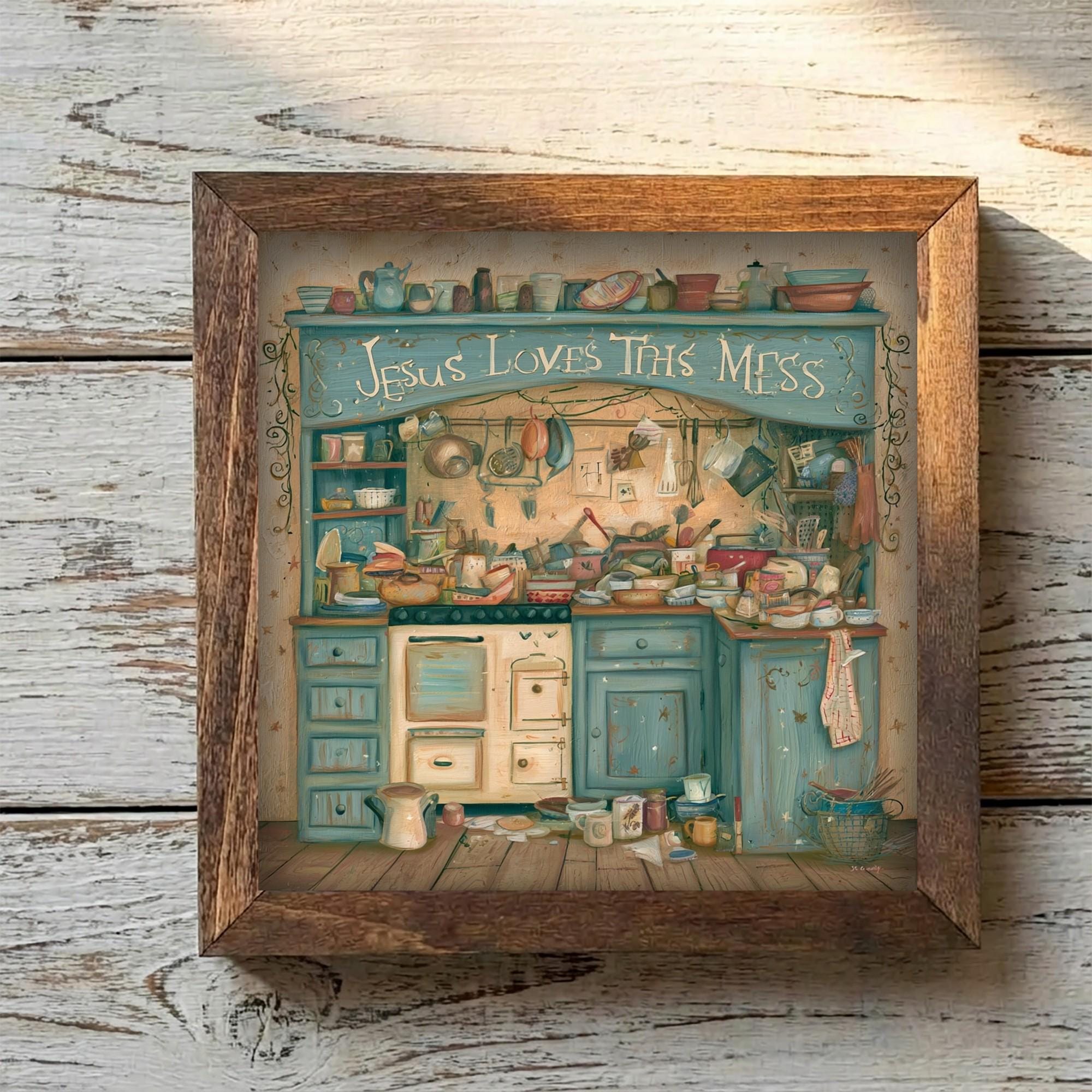 Framed Kitchen Faith Art Print | Jesus Loves This Mess Tiered Tray Decor