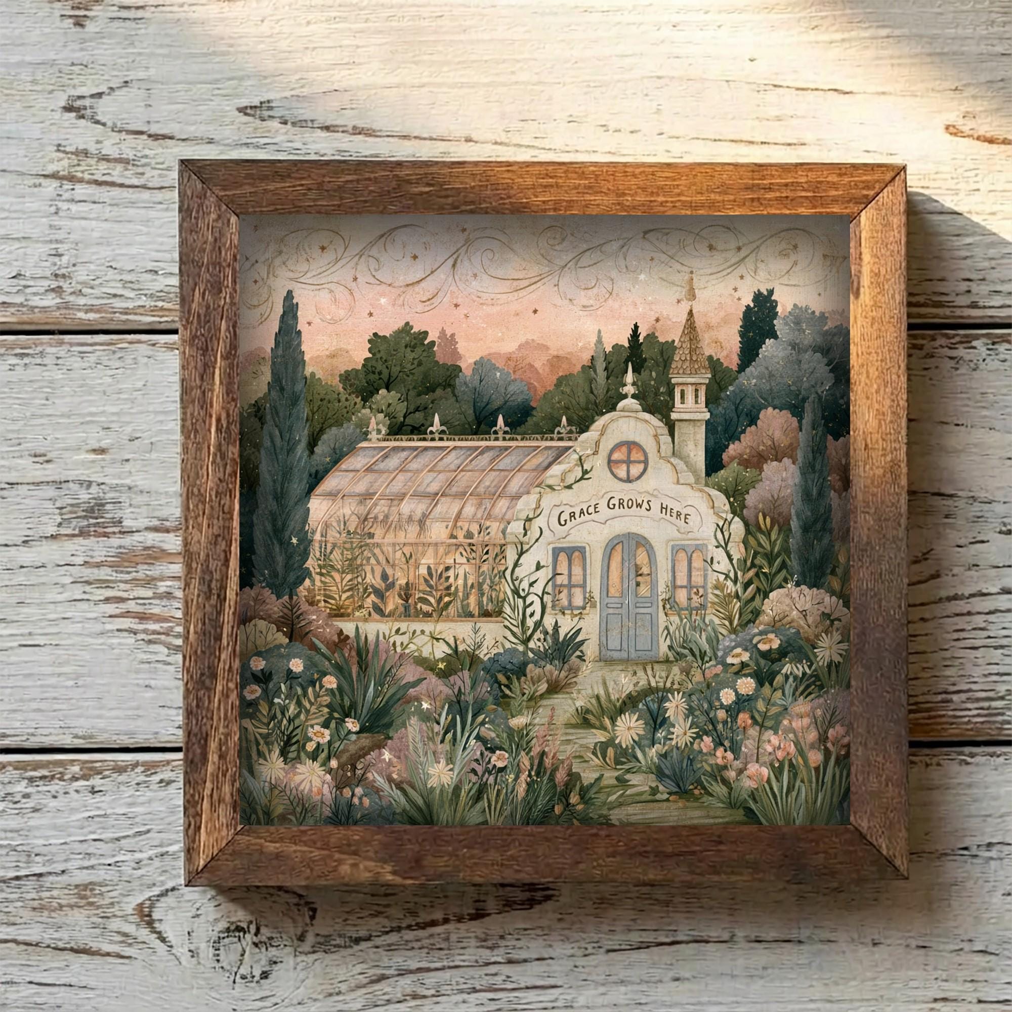 Framed Grace Grows Here Garden Art Print | Rustic Farmhouse Tiered Tray Decor