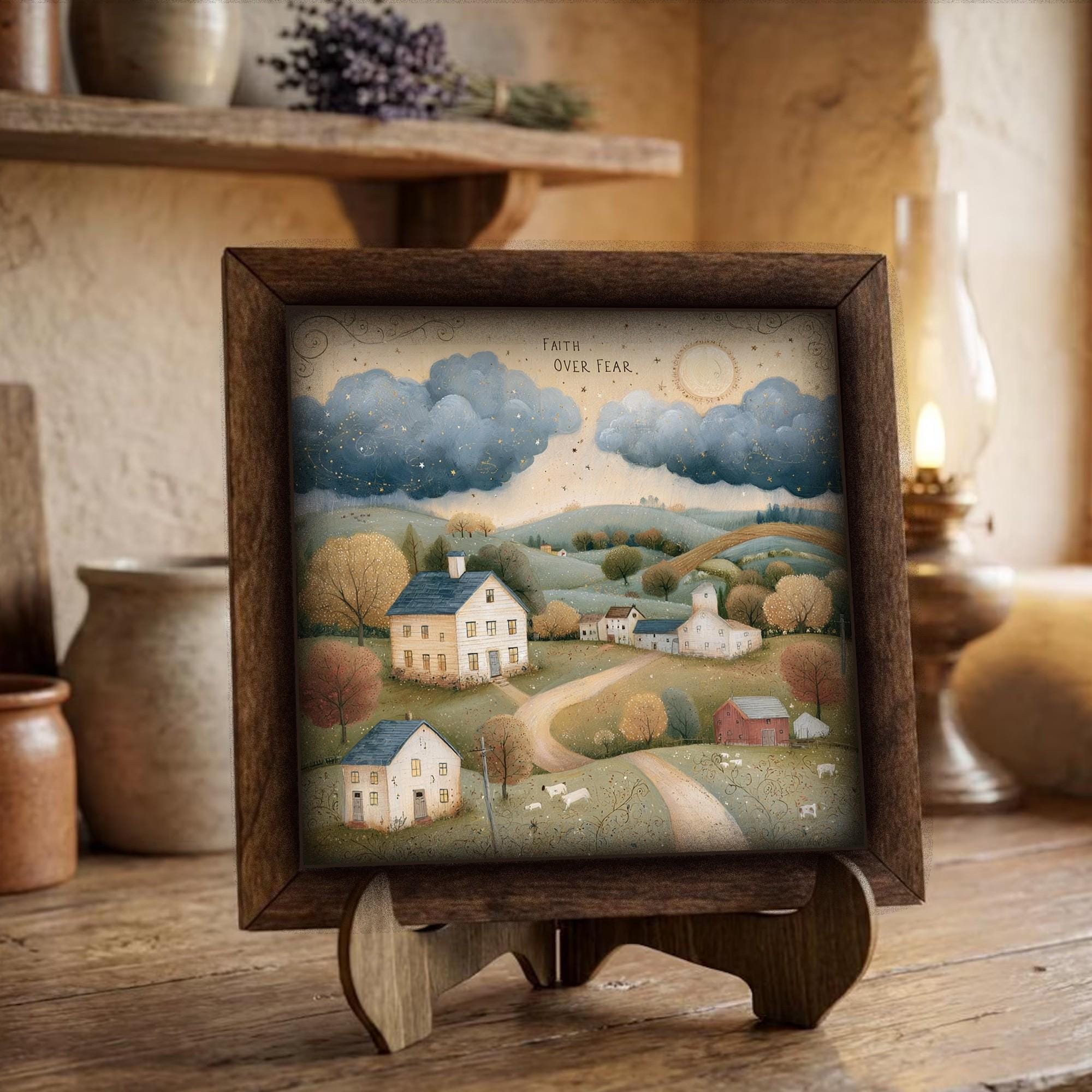 Framed Faith Over Fear Art Print | Rustic Farmhouse Tiered Tray Decor
