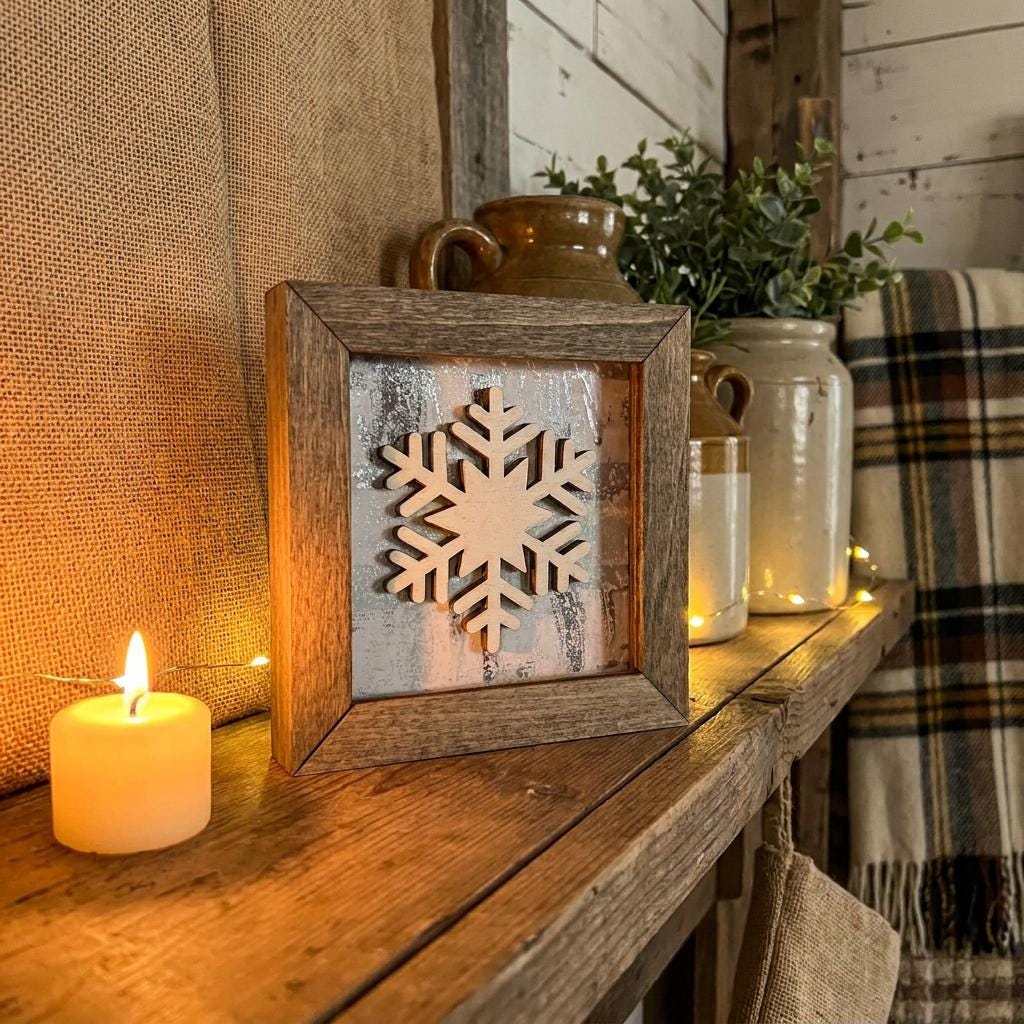 Snowflake Shelf Sitter, Farmhouse Winter Decor, Framed Snowflake Sign, Christmas Tiered Tray Decor, Rustic Holiday Home Decor Gift - TheGrumpyRooster