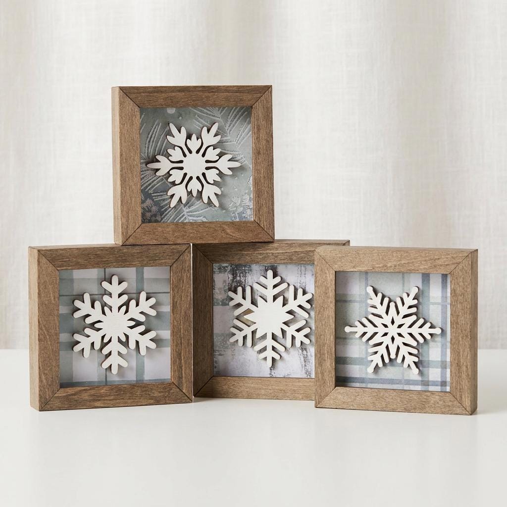 Snowflake Shelf Sitter, Farmhouse Winter Decor, Framed Snowflake Sign, Christmas Tiered Tray Decor, Rustic Holiday Home Decor Gift - TheGrumpyRooster