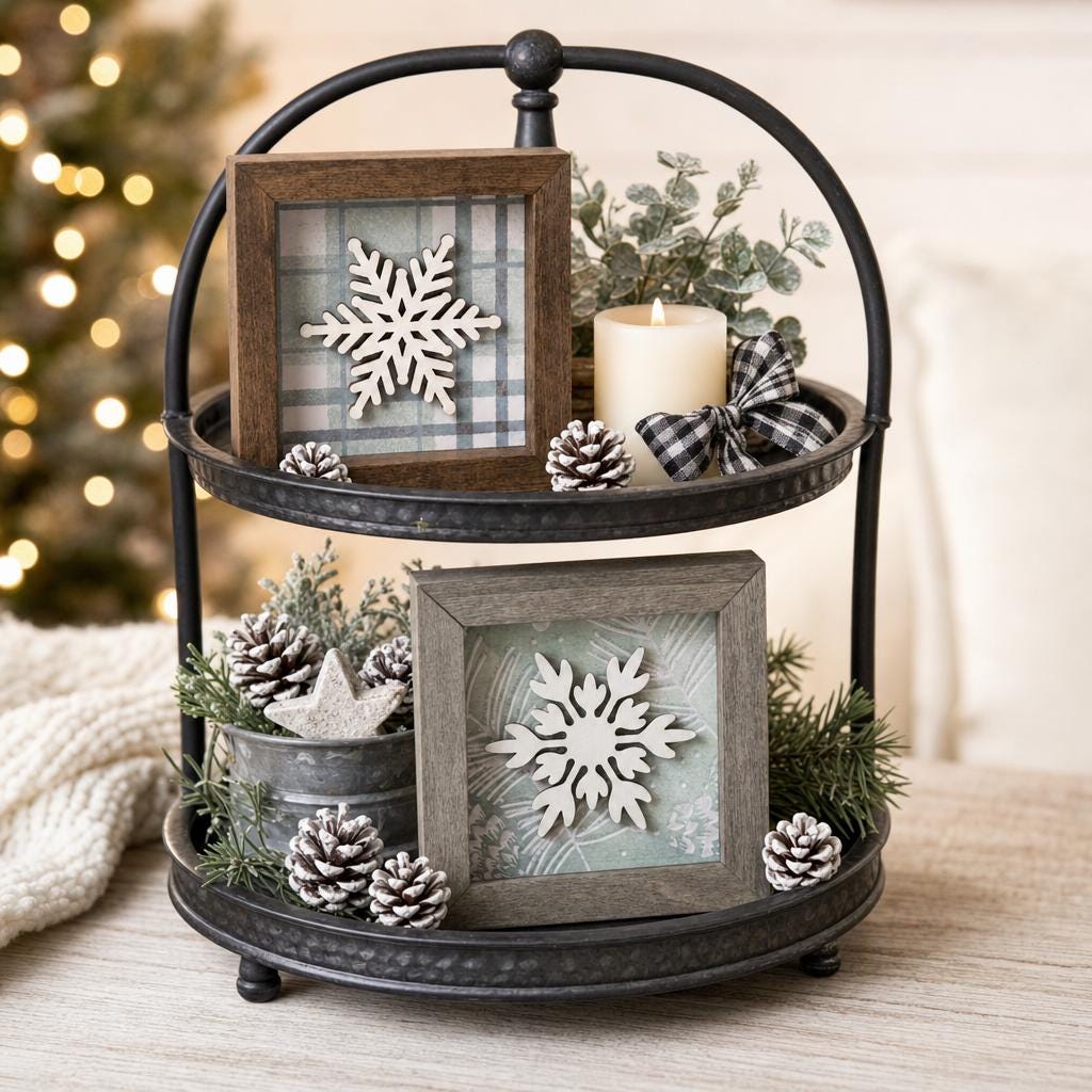 Snowflake Shelf Sitter, Farmhouse Winter Decor, Framed Snowflake Sign, Christmas Tiered Tray Decor, Rustic Holiday Home Decor Gift - TheGrumpyRooster