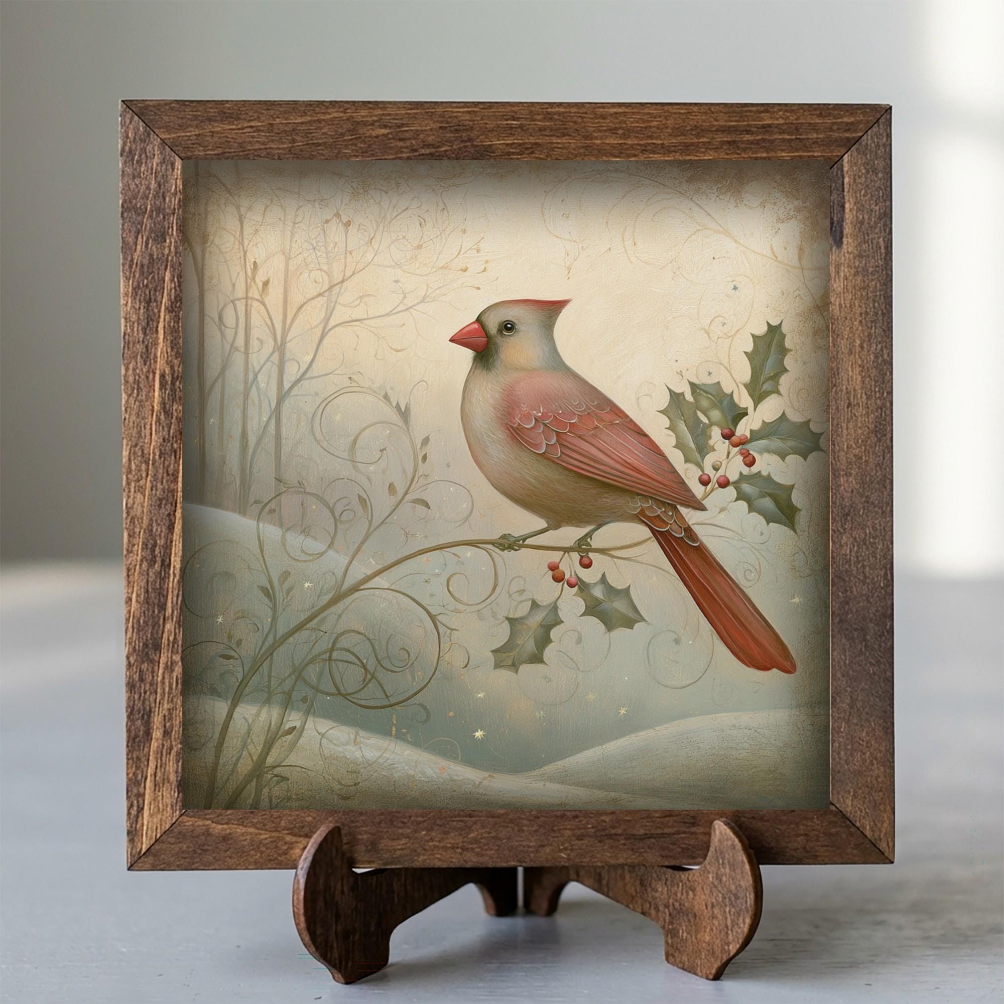 Framed Cardinal and Holly Art Print | Vintage Christmas Shelf Decor