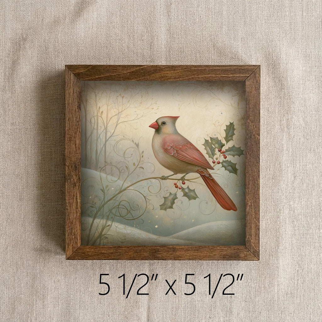 Framed Cardinal and Holly Art Print | Vintage Christmas Shelf Decor