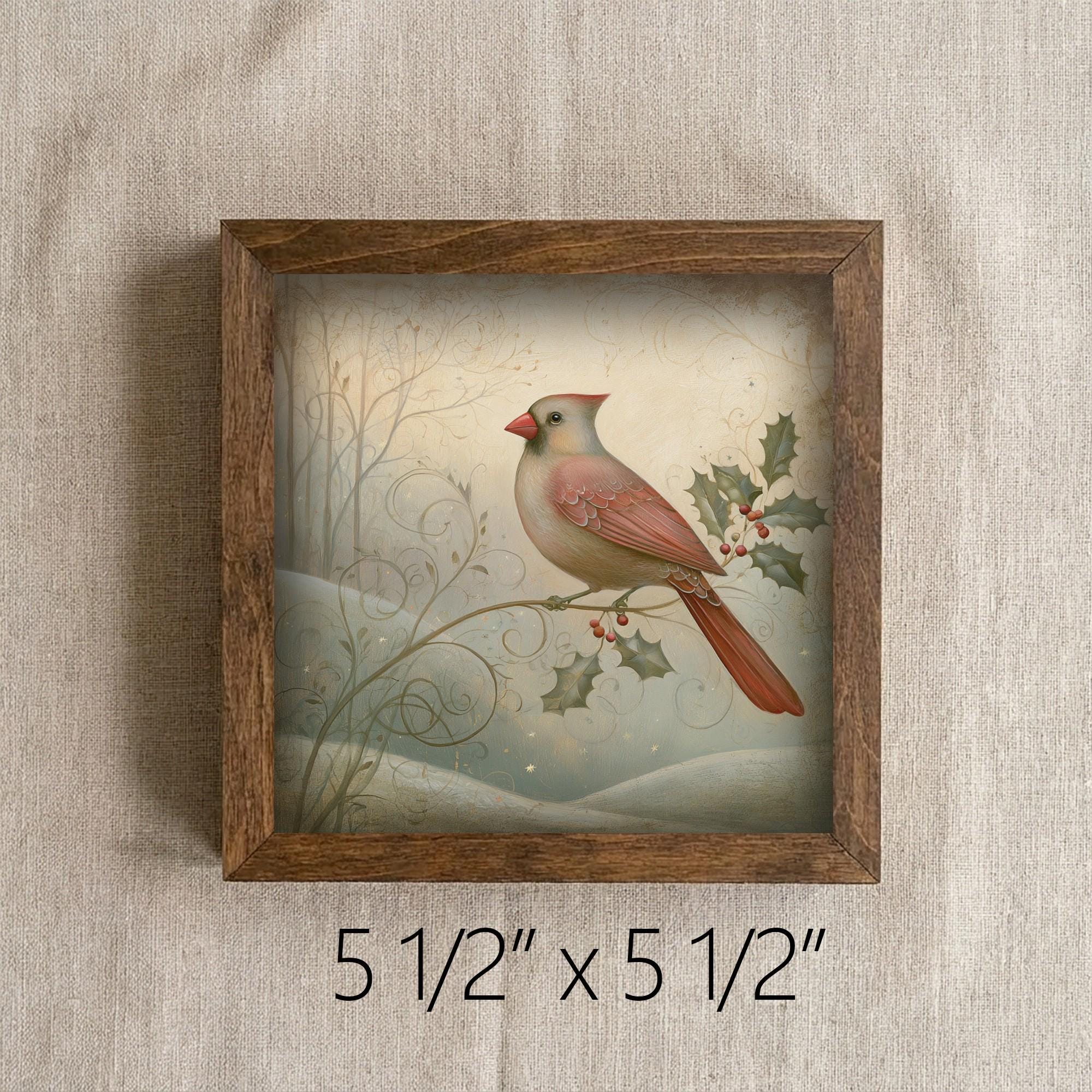 Framed Cardinal and Holly Art Print | Vintage Christmas Shelf Decor