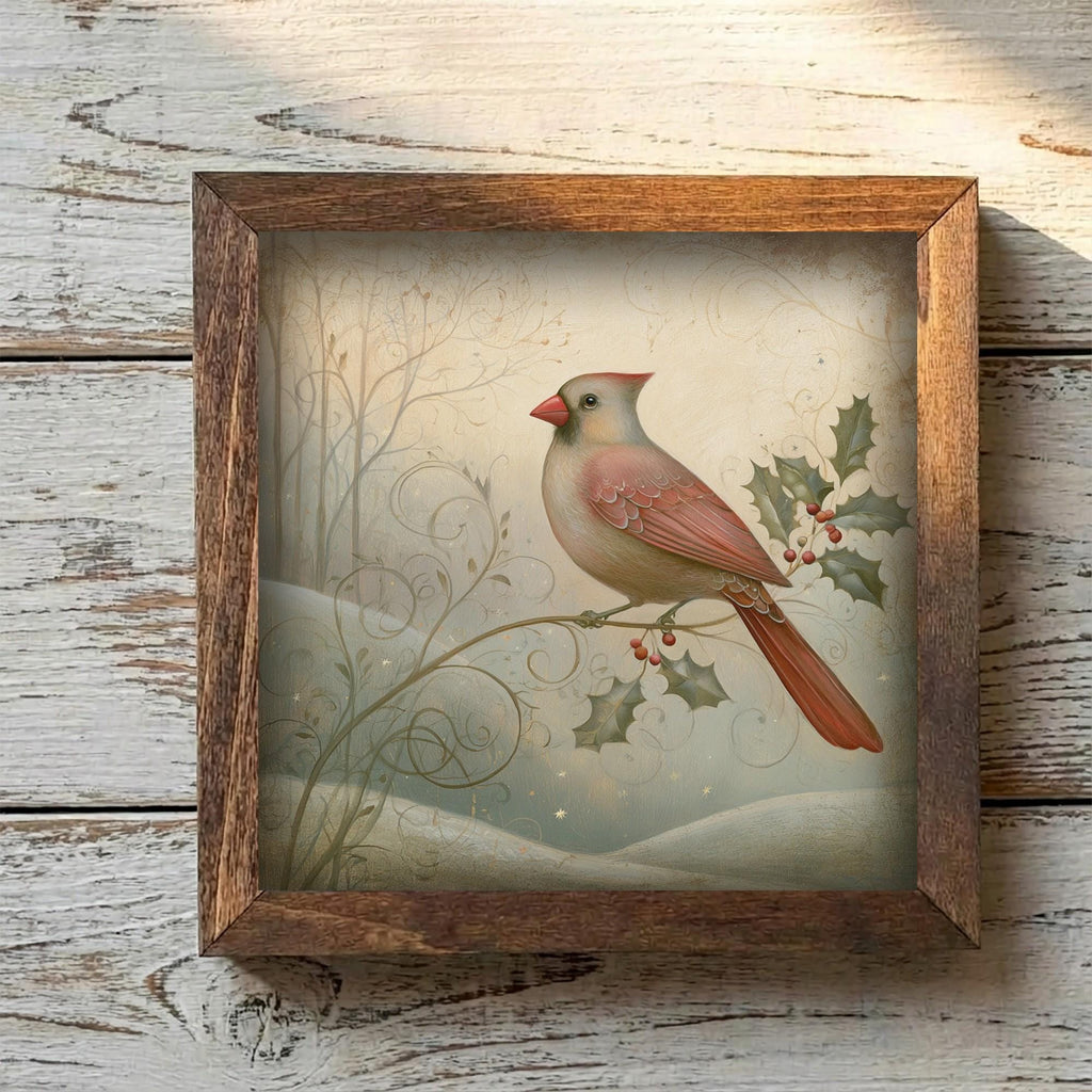 Framed Cardinal and Holly Art Print | Vintage Christmas Shelf Decor