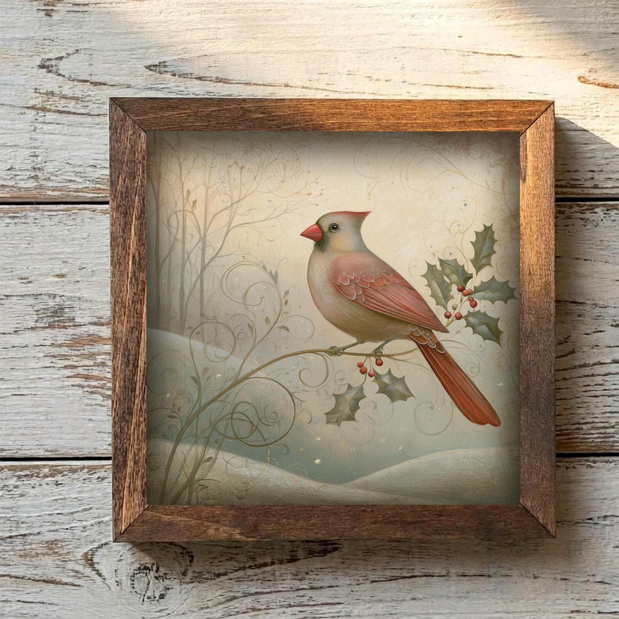 Framed Cardinal and Holly Art Print | Vintage Christmas Shelf Decor