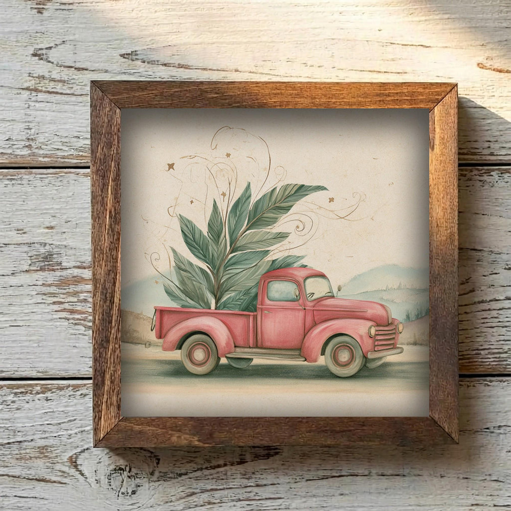 Framed Red Truck Christmas Art Print | Vintage Farmhouse Holiday Decor