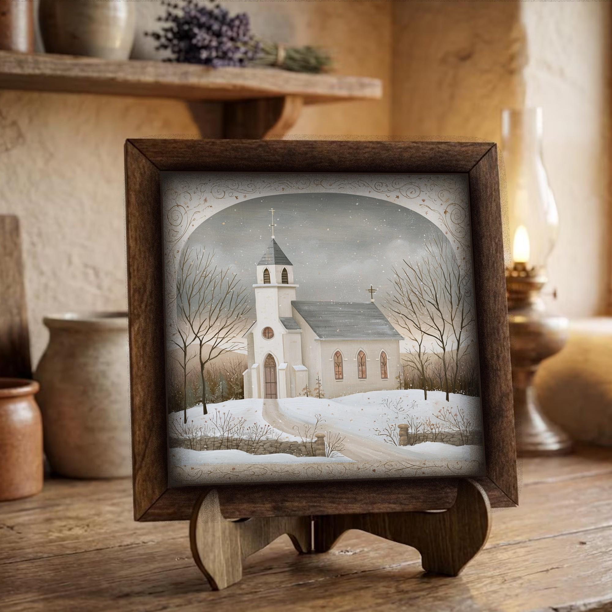 Framed Winter Church Art Print | Rustic Farmhouse Christmas Decor