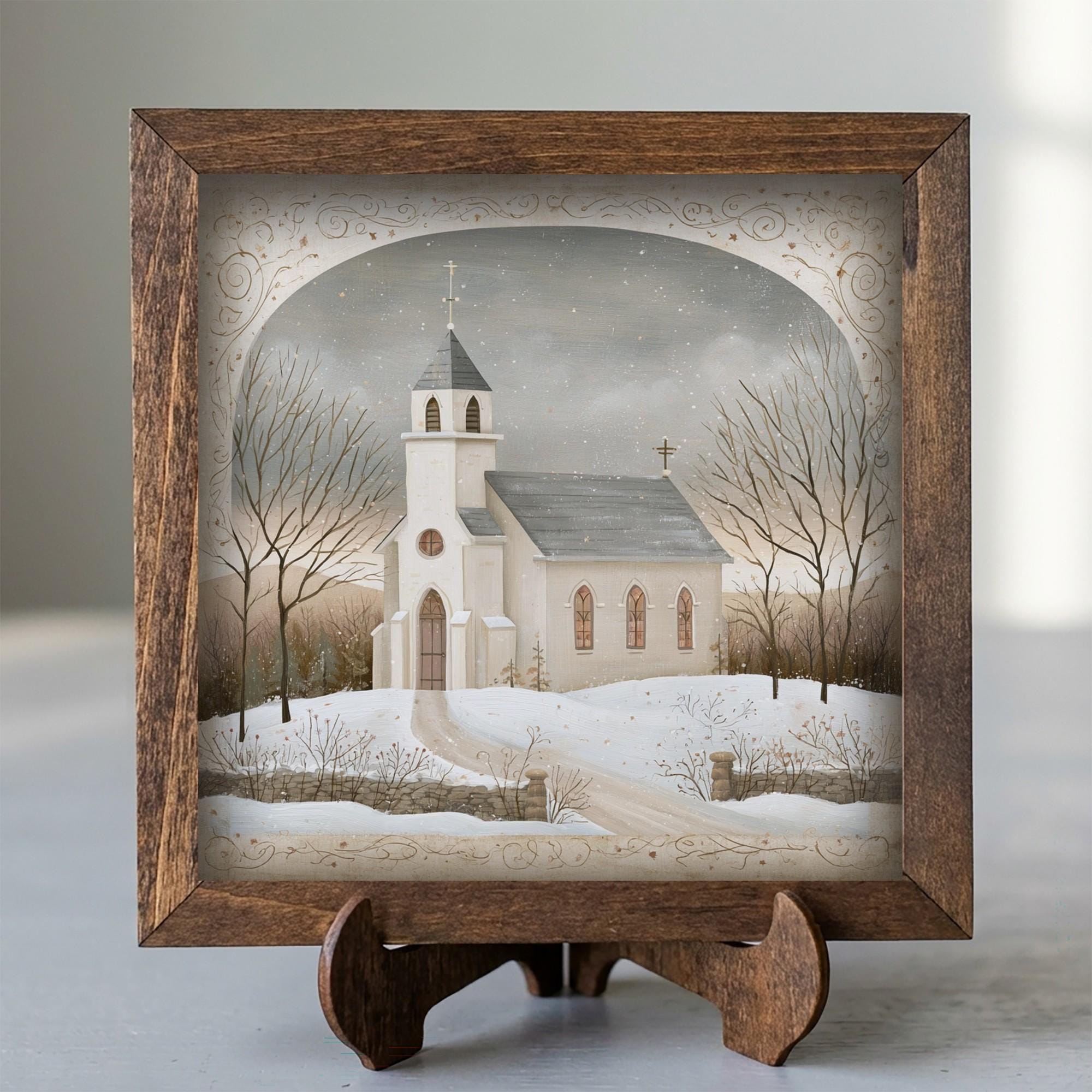 Framed Winter Church Art Print | Rustic Farmhouse Christmas Decor