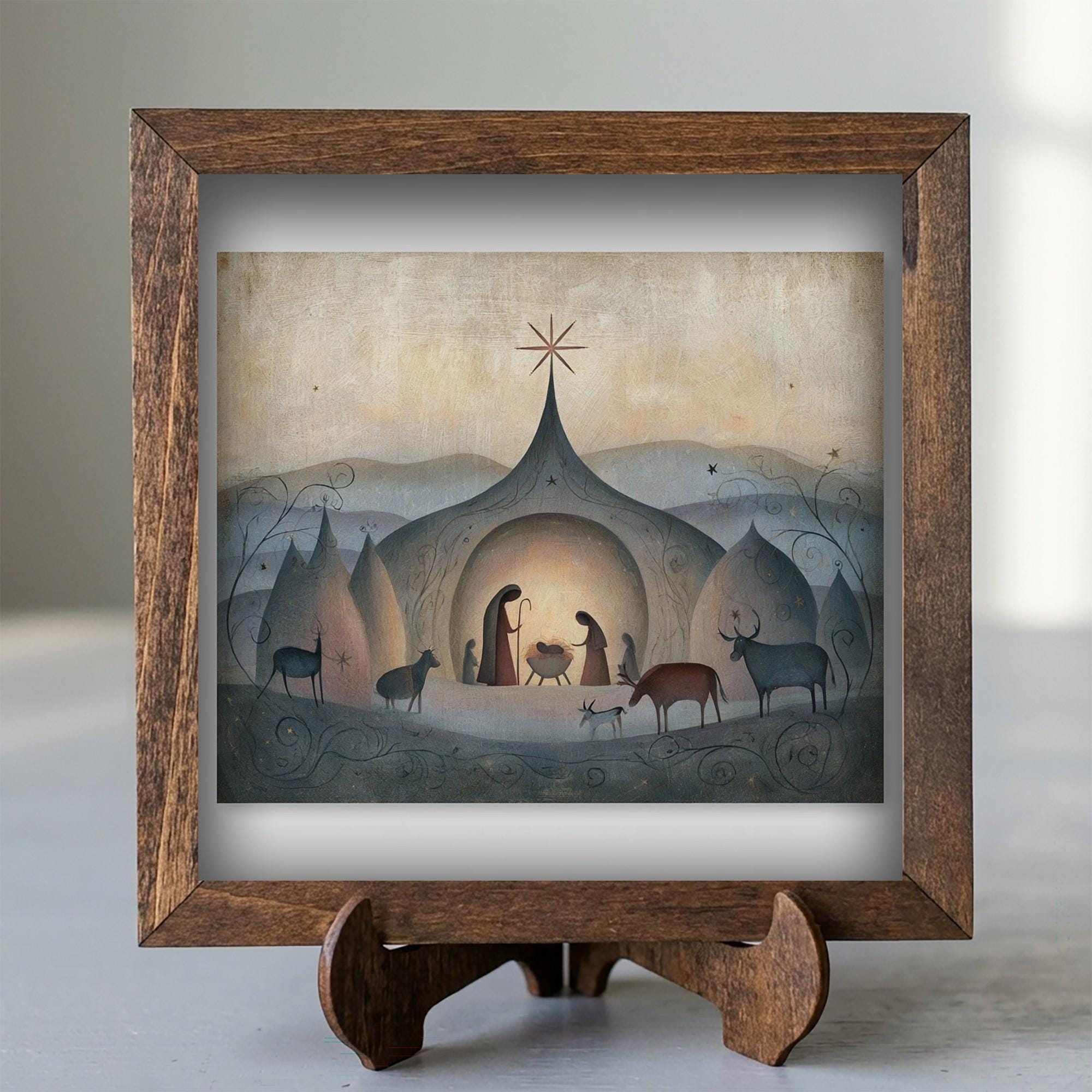 Framed Nativity Scene Art Print | Rustic Christmas Farmhouse Decor